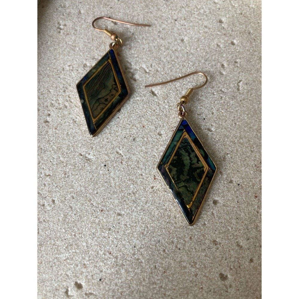 Enamel‎ Diamond Shaped Dangle Earrings Green Blue Gold Tone Cloisonné Artsy